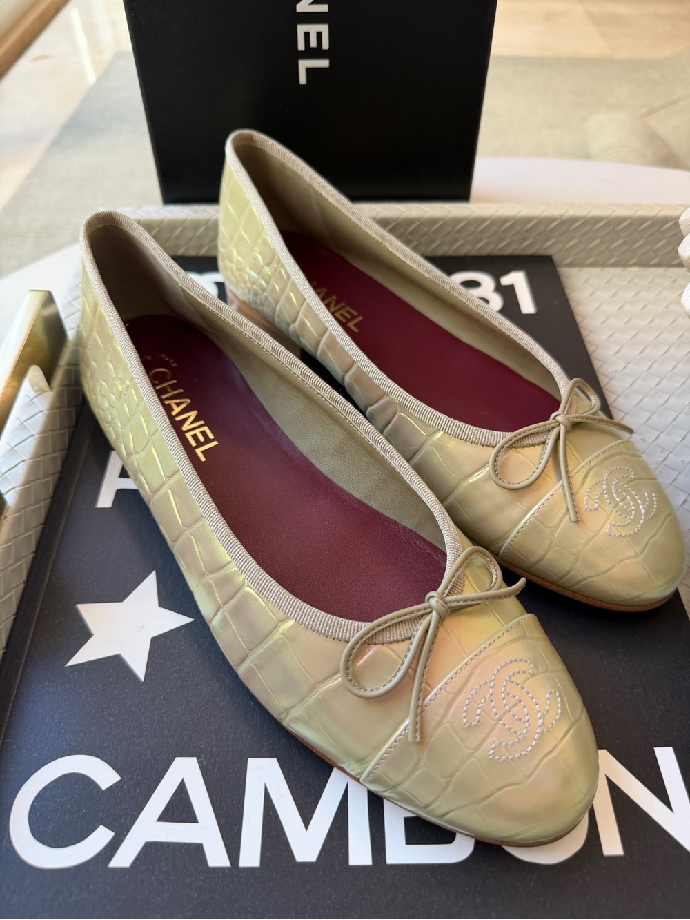 Chanel 26K Yellow Crocodile Croc Embossed Iridescent Cap Toe Ballet Flats 37 - Picture 11 of 15